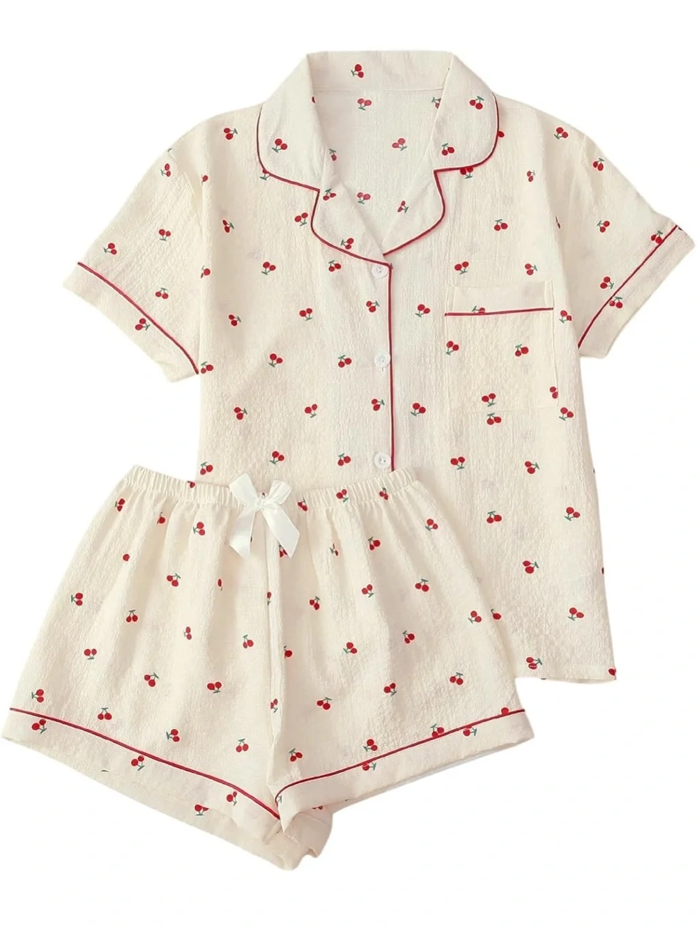 Amazon Cream Cherry-Print Short Pajama Set with Red Piping